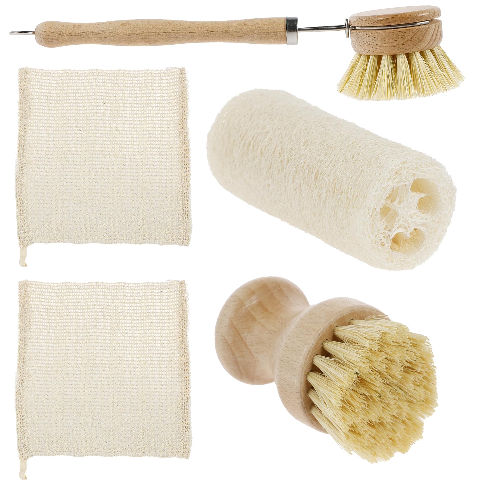 Dish Brush Set, Sisal Bristle Dish Washing Brush Set with Short/Long Handle Beech Wood Dish Brush, Sisal Washcloth,Dish Loofah Scrubber for Washing and Cleaning Dish Pots Pans(5pcs)