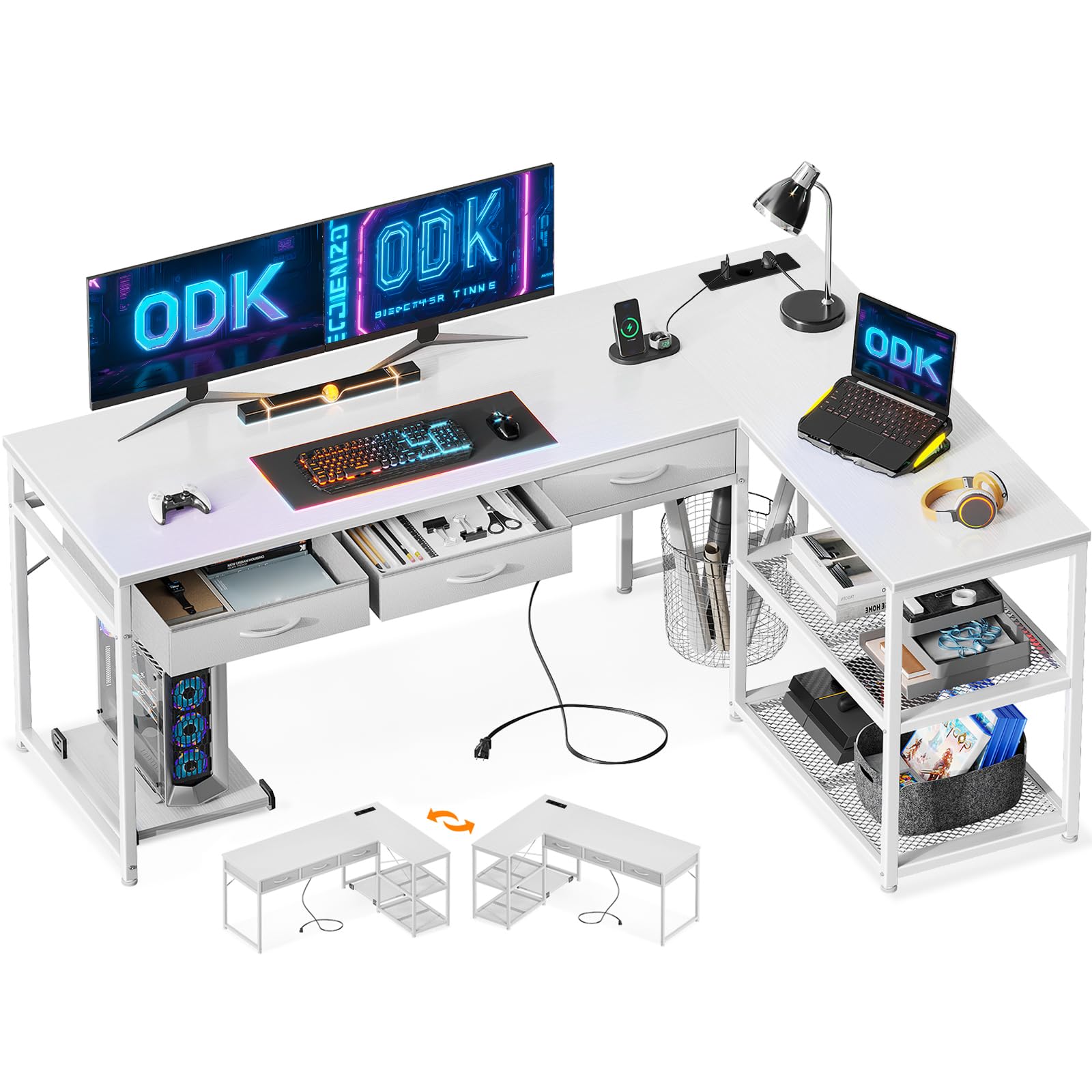ODK Scrivania con Cassetto Sotto, Scrivania ad L con Multipresa, Scrivania ad Angolo Bianca con Design Reversibile, 155×110cm