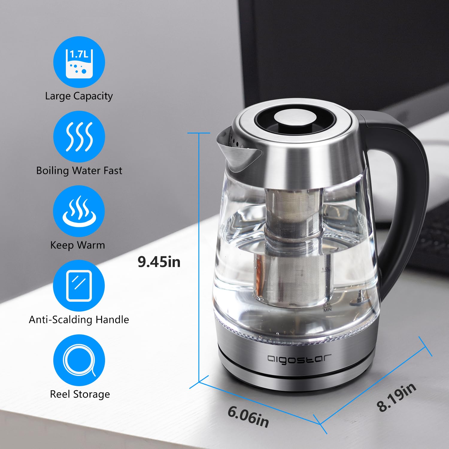 Aigostar Bouilloire en verre 2200W 1.7L Température Réglable 60-100°C Maintien au chaud Filtre à thé