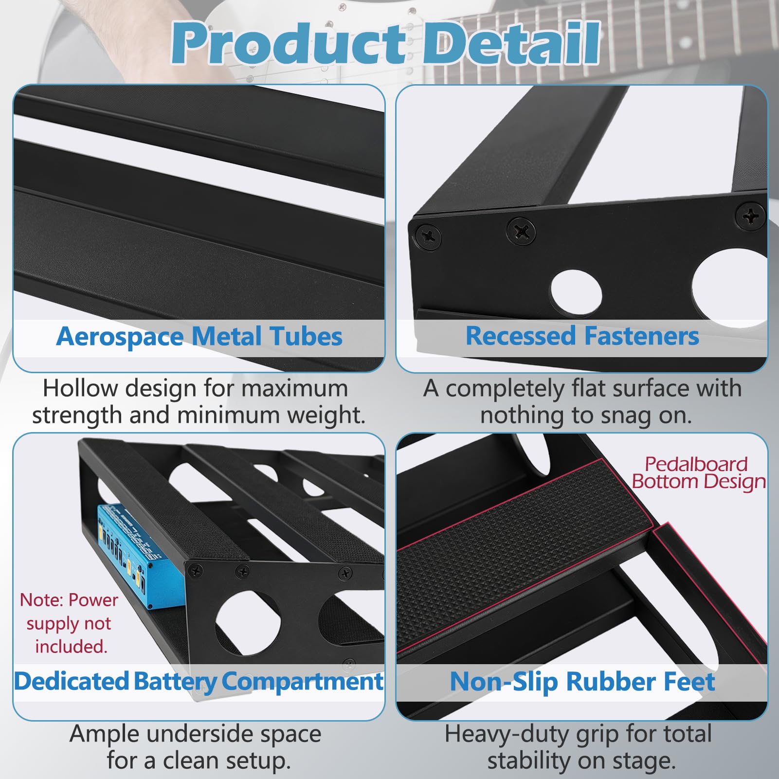 Gitarren-Pedalboard mit Netzteil, 39,9 x 31 x 7,9 cm, Metall-Bass-Pedalständer, schwarze Effekt-Pedalboards mit 4 Stück 15,2 cm Gitarren-Pedalkabel, Tragetasche, selbstklebendes Hakenband