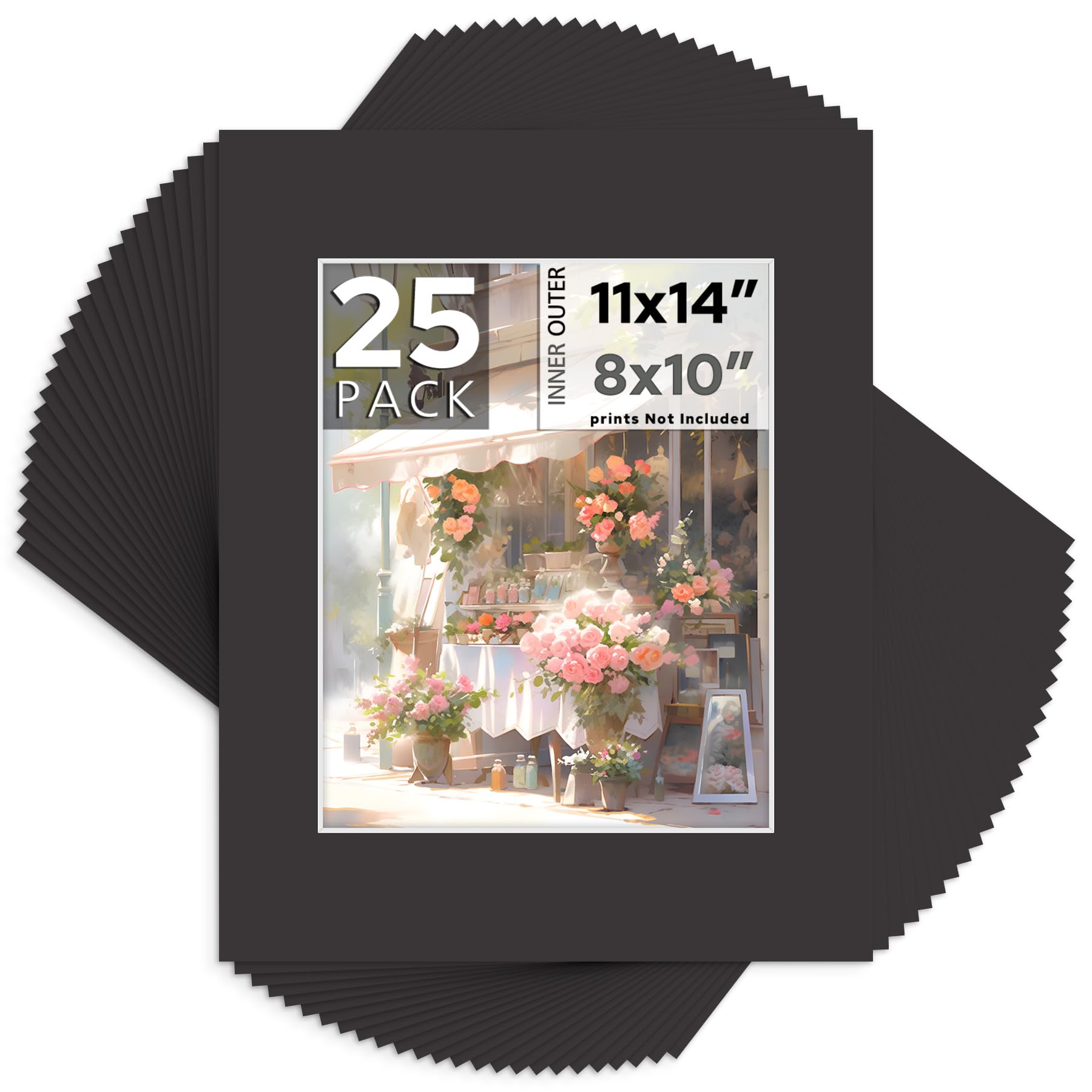 Mat Board Center, Pack of 25, 11x14 BLACK COLORS Picture Mats for 8x10 Photos White Core-image-22