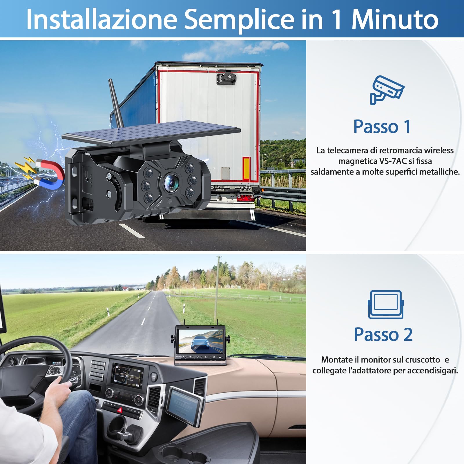 VASTEND Retrocamera Auto Wireless Solare, Magnetica Telecamera Retromarcia con 10000mAh Batteria Ricaricabile, 7 Pollici 1080P Monitor, 170° Grand Angolare, per Camion, Auto, Roulotte