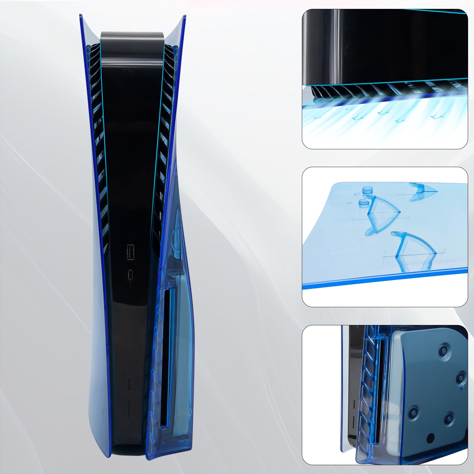 Geekria Placas de cubierta transparentes compatibles con PS5, PlayStation 5 Console Disc Edition, accesorios de repuesto para juegos con rejillas de ventilación (azul)