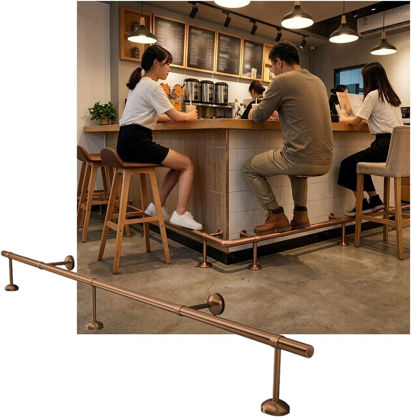 Hgouhk Brass Bar Foot Rail Kit Metal Bar Foot Rail Kit For Indoor，Stainless Steel Feet Rails For Kitchen Cafe Reception Desk Counter(,3.5M/11.48Ft)
