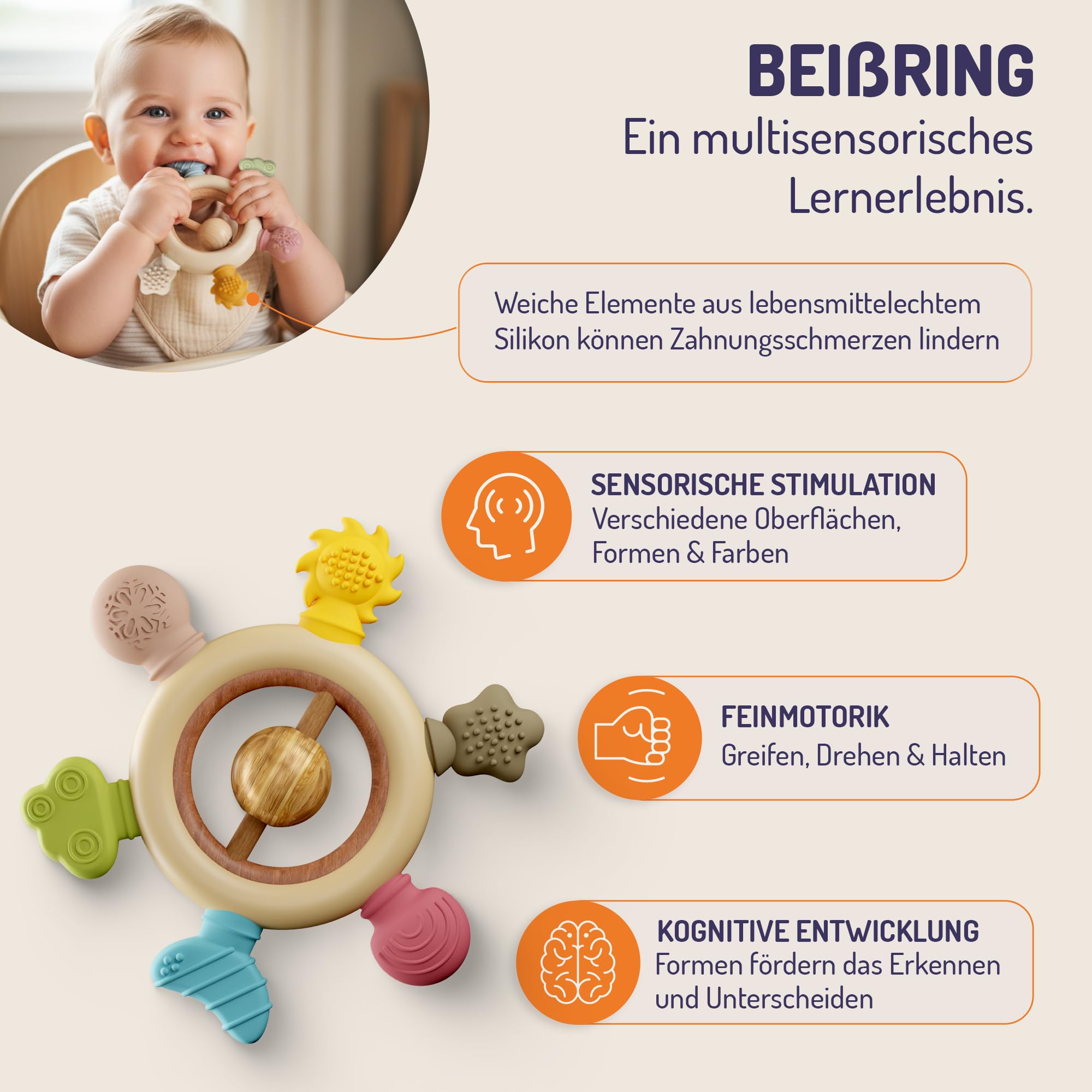 STRAUB Baby Spielset – Pädagogisch entwickeltes Lernspielzeug-Set – Beißring, Greifring, Greiffigur & Stapelturm – Baby-Spielzeug, Babyzubehör zur Förderung von Sensorik, Feinmotorik & Wahrnehmung