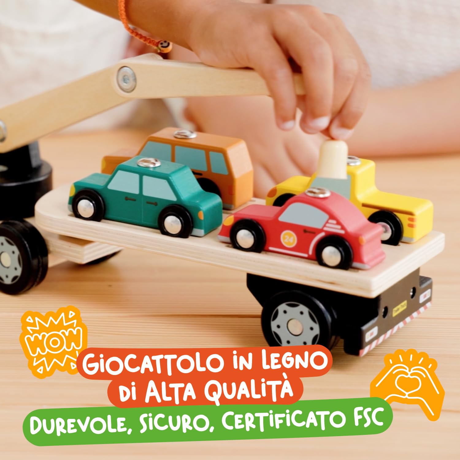 Nene Toys Camion Magnetico in Legno con 4 Auto e Rimorchio Staccabile – Giocattolo per Bambini 2+ Anni con Gru Interattiva – Gioco Educativo e Creativo – Macchinine e Veicoli Maschi Femmine 2 3 4 Anni