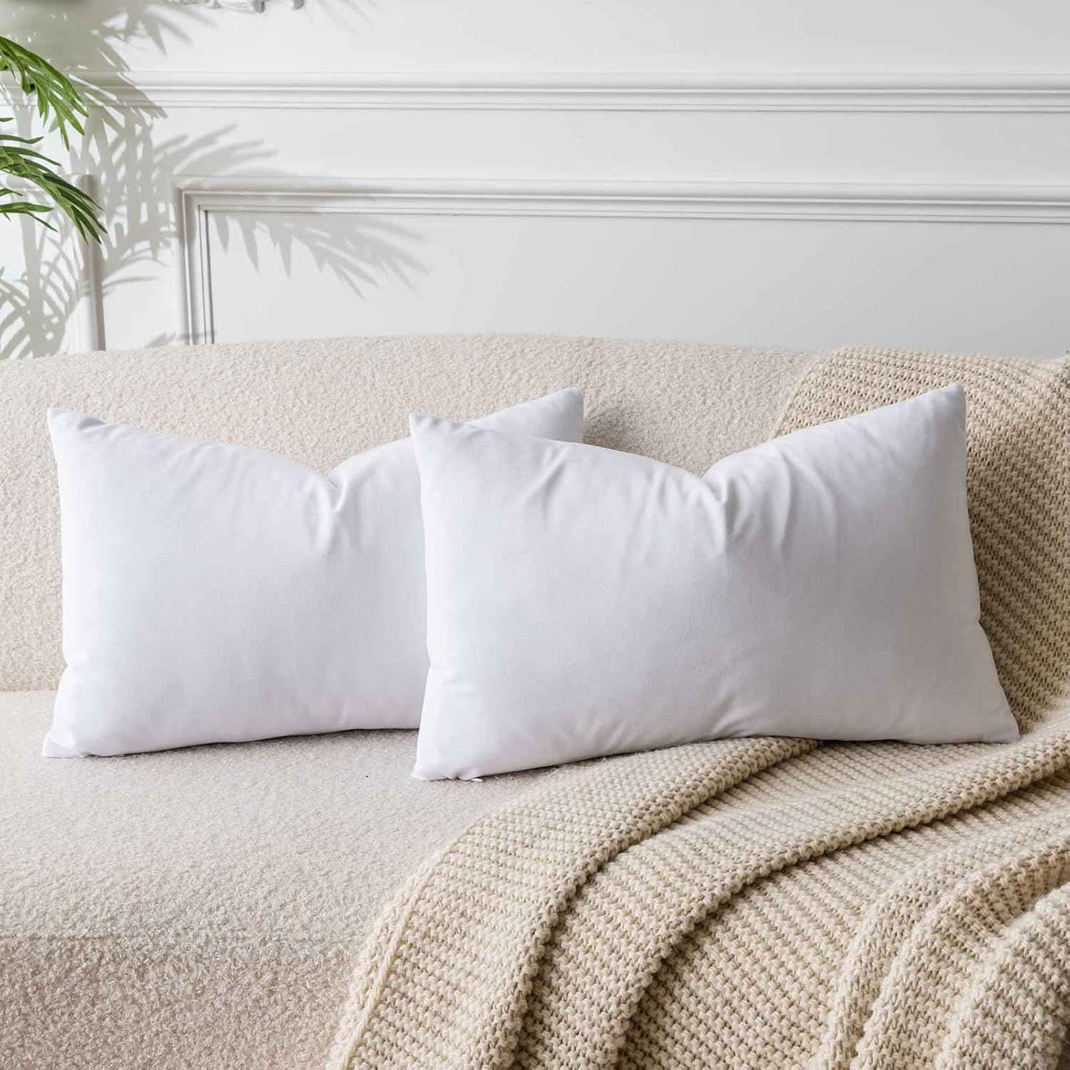 JUSPURBET White Throw Pillow Covers Set of 2 Decorative Velvet Pillow Covers for Couch Sofa Bed Soft Lumbar Cushion Covers with Invisible Zipper for Living Room Home Decor,14x24 inch White 24" x 14" (Pack of 2)