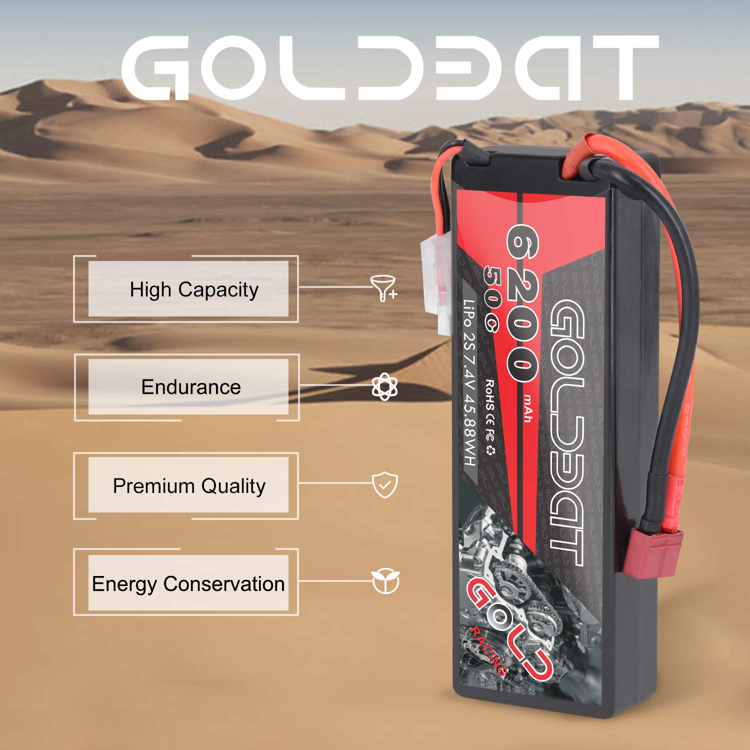 GOLDBAT Lipo 2S RC Batteria 7.4V 50C 5200mAh Lipo Hardcase con TRX Plug Custodia Rigida Batteria per RC Car Truck Boat Traxxas Airplane Helicopter Racing Modelli