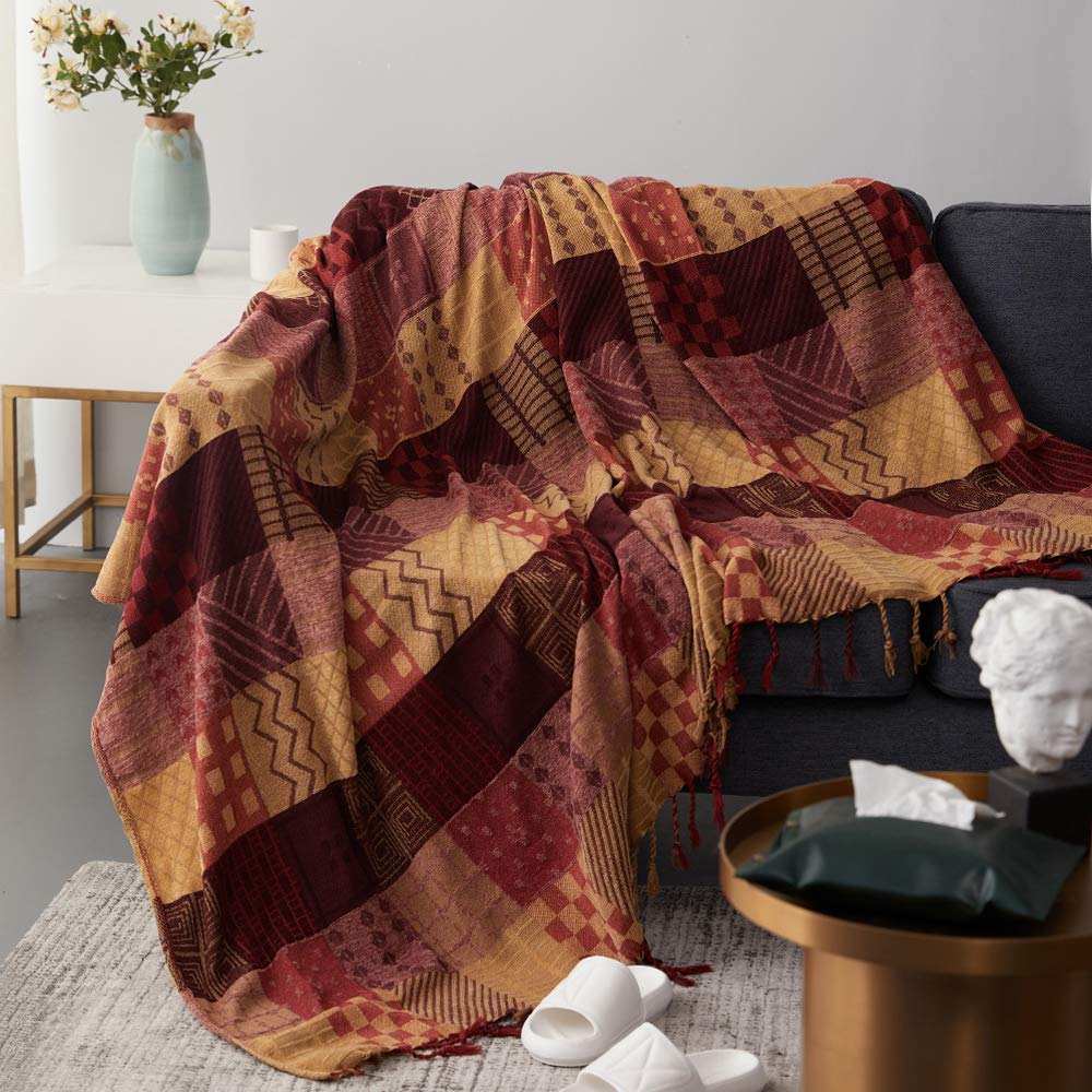 ele ELEOPTION Chenille-Überwurfdecke, Jacquard-Quasten, Überwurfdecke, Sofa, Stuhlbezug, dekorativ für Bett, Couch, weicher Stuhl, Volksstammes-Muster (rotes Gitter, 150 x 190 cm)