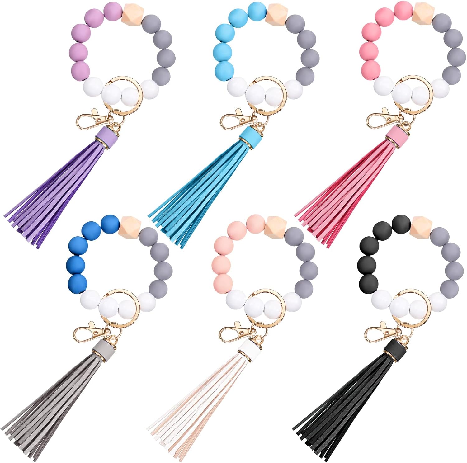 Kigeli 6-Pack Wood Beaded Keychain Wristlets for Women - Tassel Bracelet Car Key Holder, Multi-Color Portable Bangle