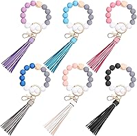 Kigeli 6-Pack Wood Beaded Keychain Wristlets for Women - Tassel Bracelet Car Key Holder, Multi-Color Portable Bangle