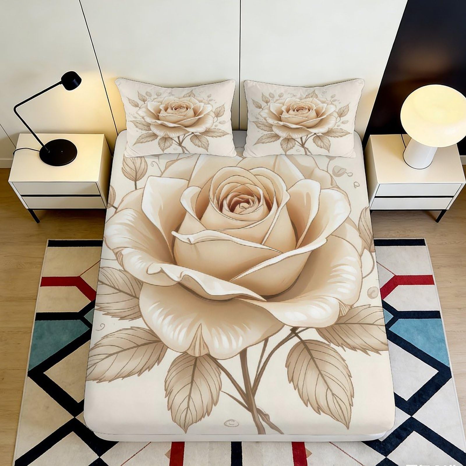 Uynsixtme Style-6 3D Printed Rose Fitted Sheet Microfiber Elastic Hem Bedroom Bedding Set Rose Mattress Fitted Cover Deep Pocket Non-Slip Washable For Adults Teenagers 200X200x25cm