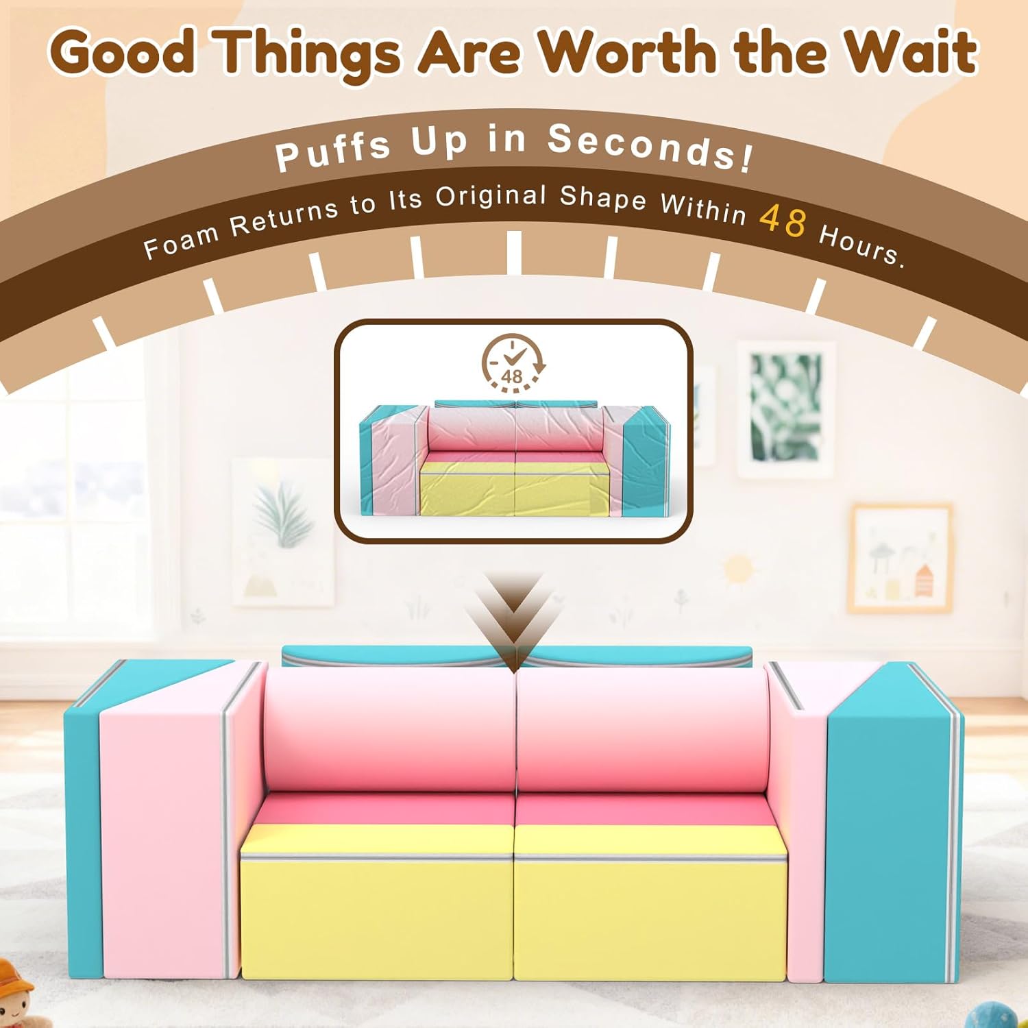 BIERUM Kids Couch, 12PCS Modular Kids Play Sofa with Blanket, Color-Blocking Toddler Couch for Playroom, Convertible Kids Foam Climbing Play Set, Imaginative Creative Play Sofa for Boys & Girls