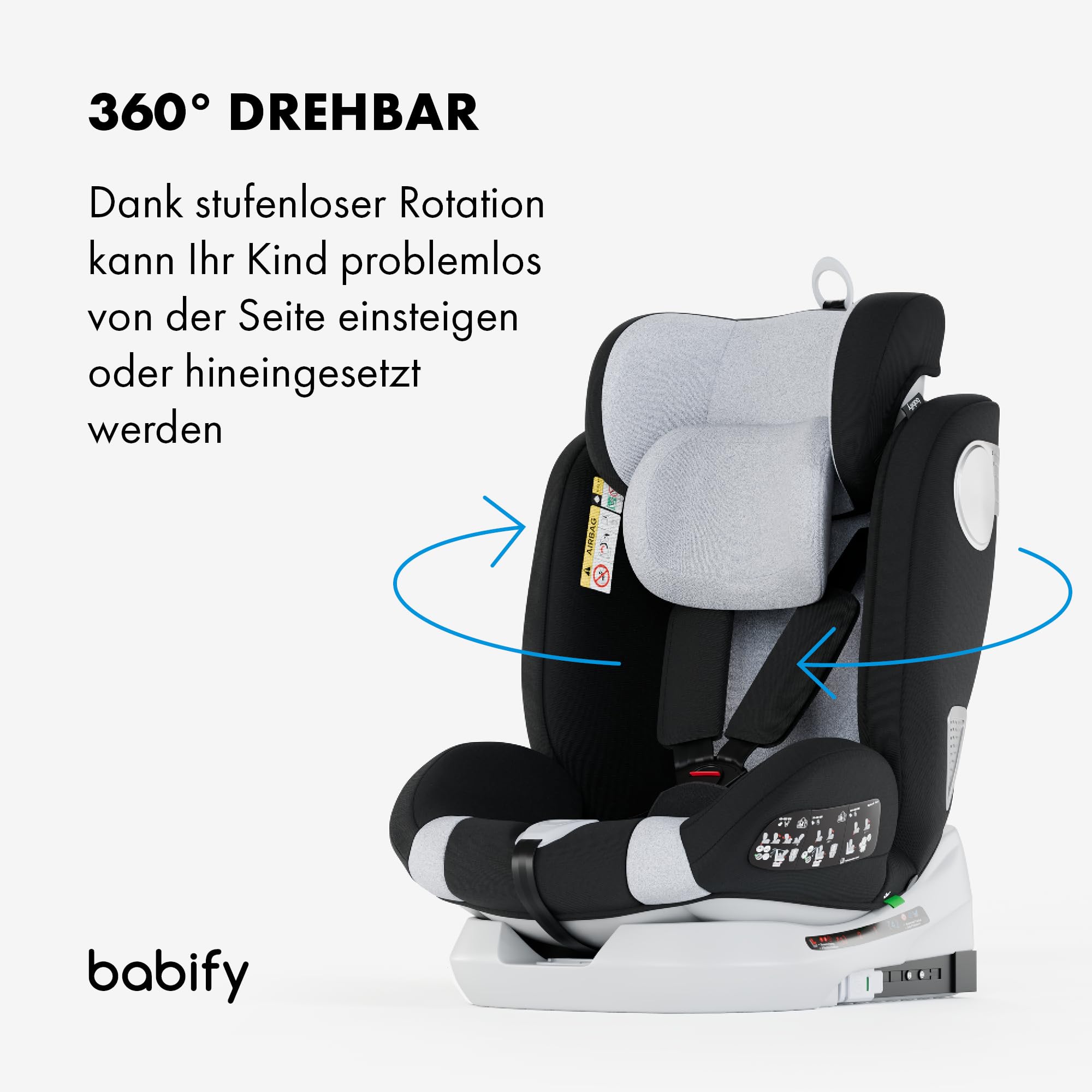 Babify Onboard, Autositz Isofix für Babys und Kinder, 0 Monate - 12 Jahre, 40-150cm, 360°drehbar, tragbarer und sicherer Sitz i-Size ECE R129 Grau