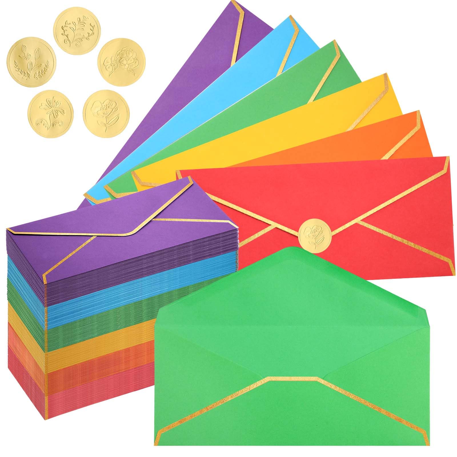 50 Pcs #10 Colorful Business Mailing Pretty Envelopes with Gold Border and Stickers Standard Letter Size Envelopes for Christmas Wedding Office Check Invoices Greeting Cards Party Graduation(Rainbow)