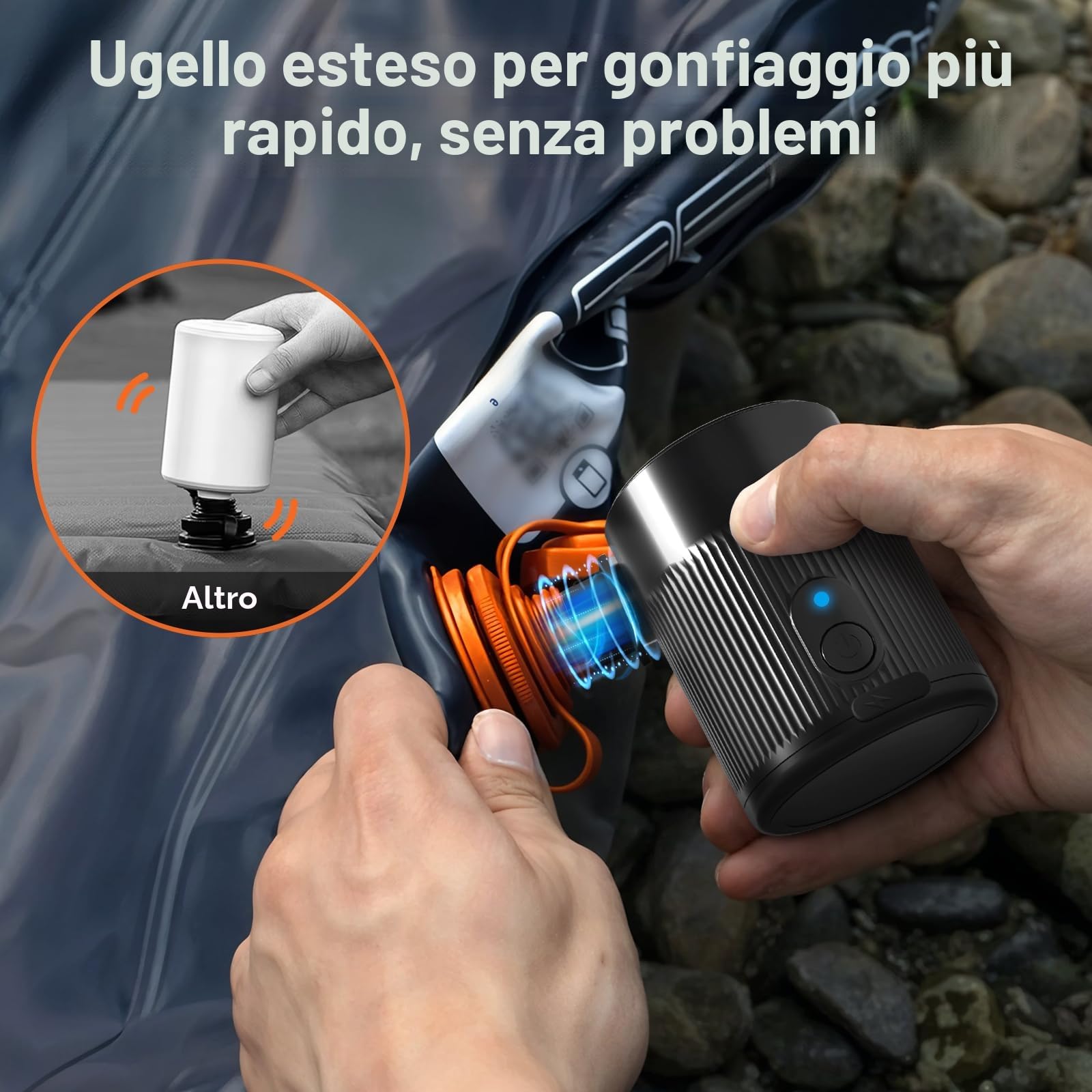 Pompa ad aria elettrica portatile per gonfiabili, gonfiaggio e sgonfiaggio rapido 2 in 1, con ugello esteso (flusso d'aria stabile), 4 ugelli + borsa per riporre materassini, piscina