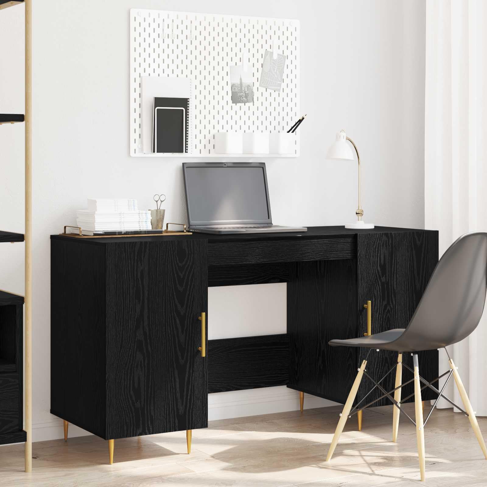 Scrivania rovere nero in legno ingegnerizzato 140 x 50 x 75 cm con ampio piano lavoro, cassetto e ripiano per ufficio, studio, smartworking e postazione computer gaming