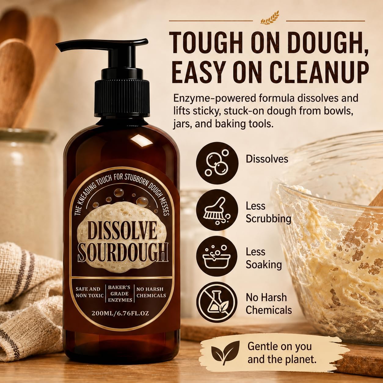 Dough Cleaner Soap for Sourdough, Enzyme-Based Dissolve Cleaning, Breaks Down Sticky Dough Residue Fast for Bowls, Jars & Baking Tools – Plant-Based Formula, 200 ML/6.76 OZ (1PC)