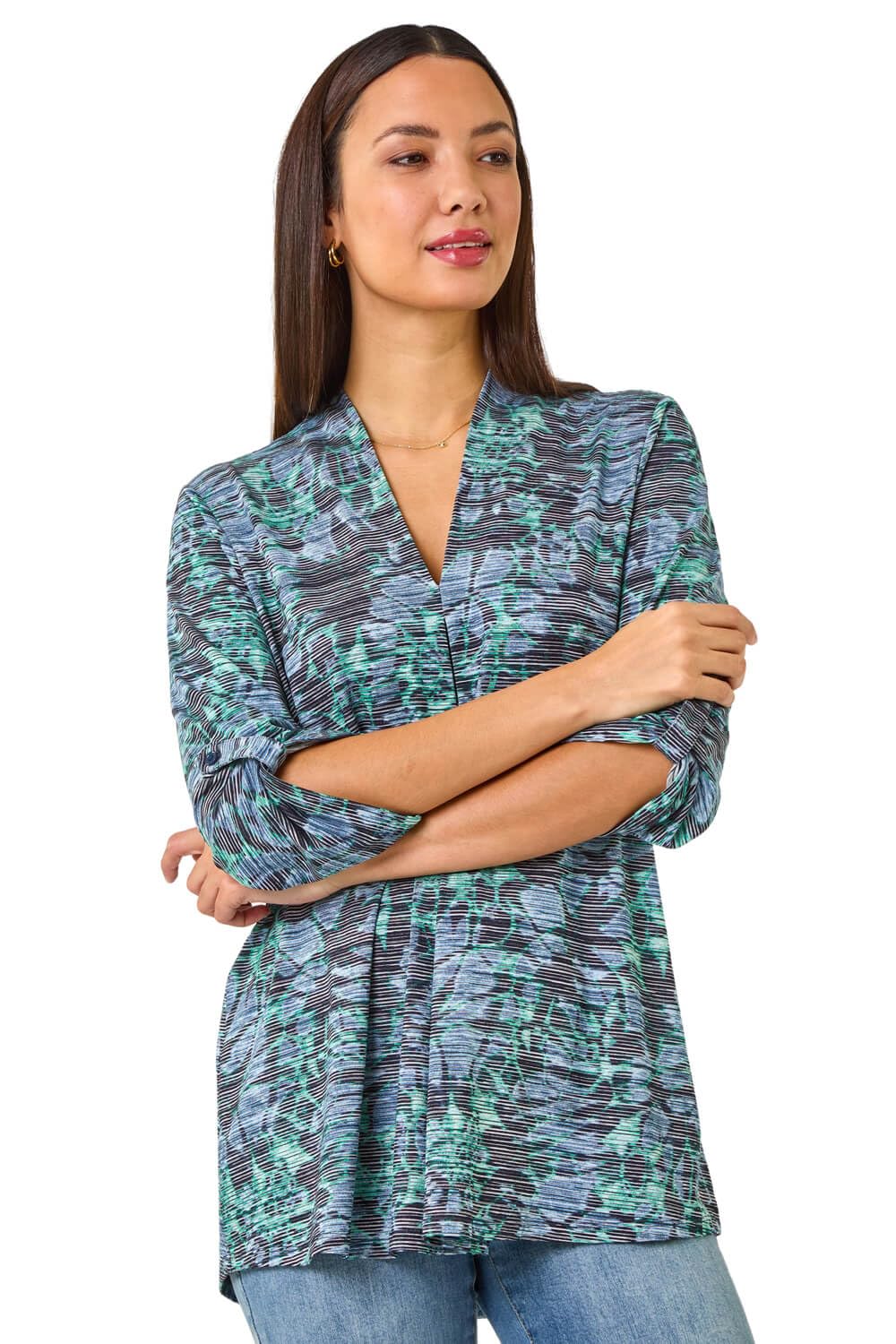 Roman Women's Blue V-Neck Pleat Front Jersey Top Size 10
