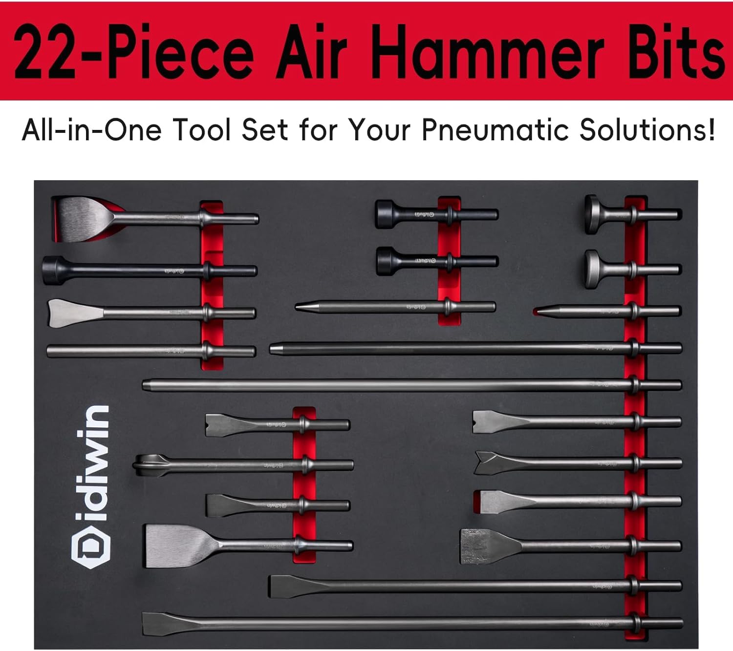 Air Hammer Bits 22-Piece with Foam Organizer, 0.401" Shank, 42Cr-Mo Air Hammer Attachments, HRC60, Heat-treated, Rolled Rust-resistant Oil Treatment, Air Chisel Bits