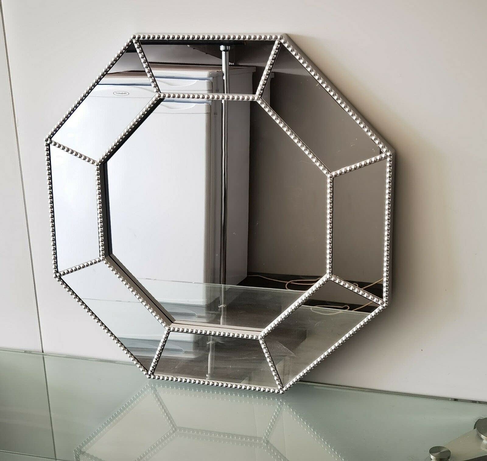 Homely Silver 59Cm Industrial Style Hexagonal Wall Mirror Beaded Wall Mirror Bathroom Hallway Mirror