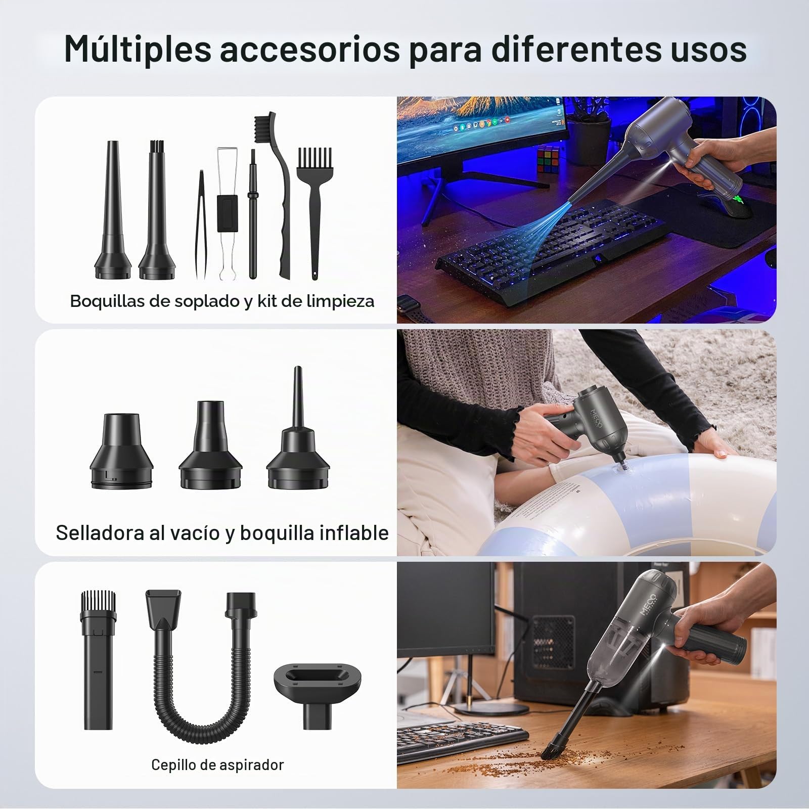 MECO ELEVERDE 4 en 1 Soplador de Polvo Eléctrico, Mini Aspiradora de Mano, 130,000RPM, 18Kpa, Portátil, Gris