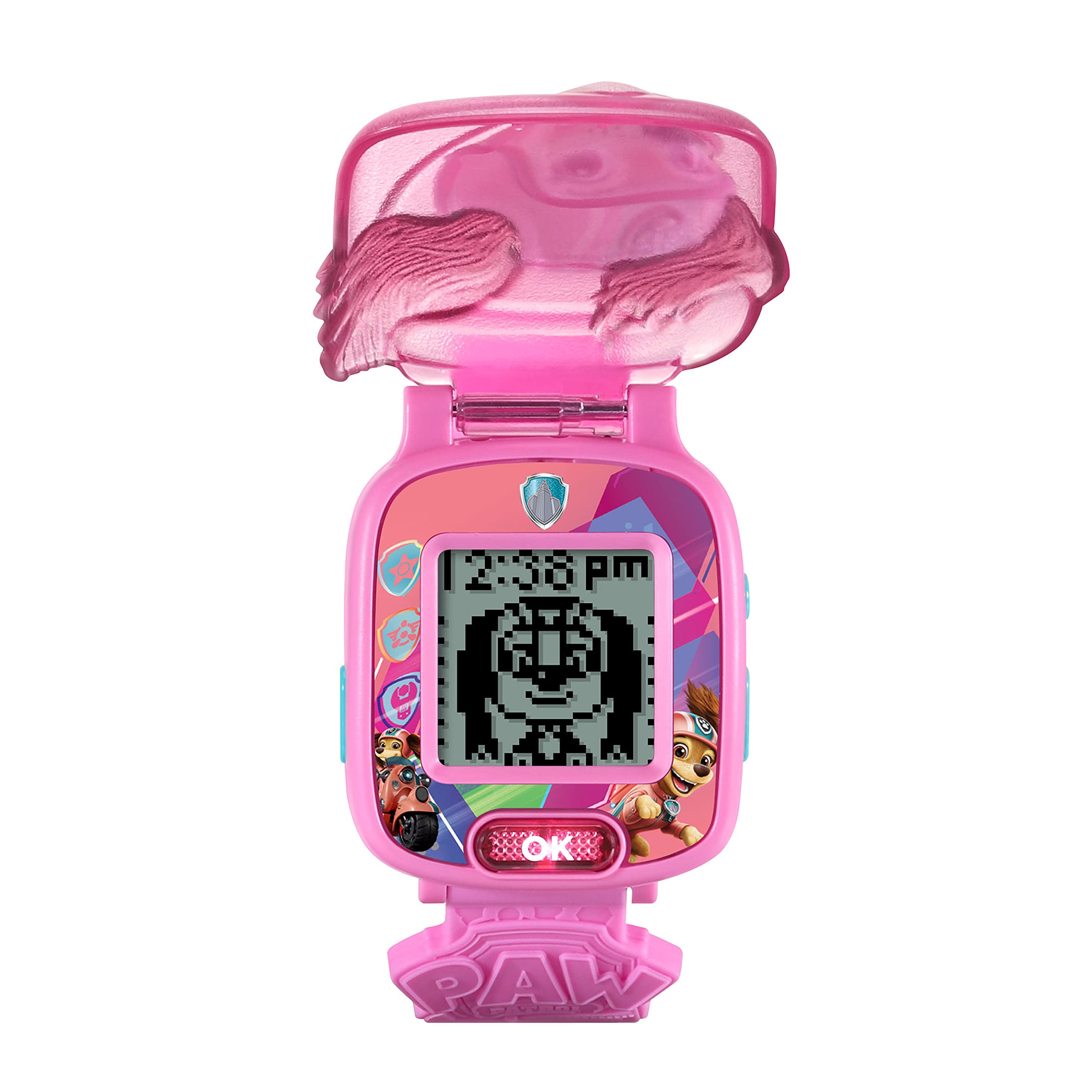 VTech - Psi Patrol Le Film, interaktywny zegarek do gier Liberty, zegarek dla dzieci z klapką, animowany ekran, miękki pasek, 10 tarczy, 4 gry, prezent dla dzieci w wieku od 3 lat do 7 lat - Zawartość