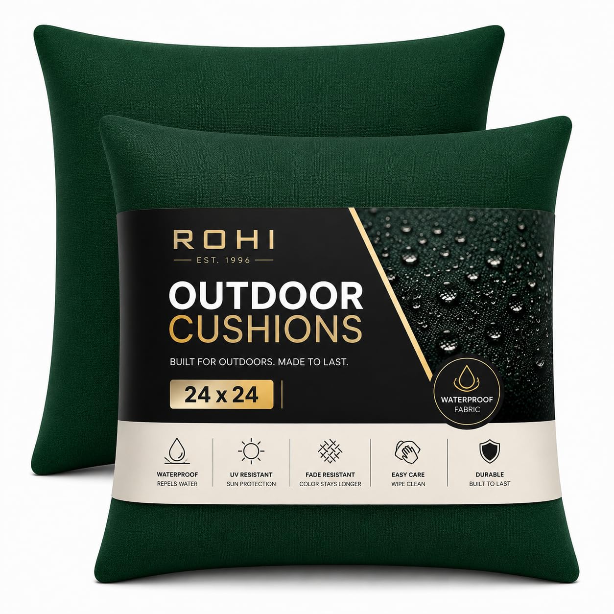 Rohi Waterproof Outdoor Cushion 2 Pack Filled – Decorative Waterproof Cushions for Garden, Patio, Couch, Tent, Balcony and Sofa (Dark Green, 24" x 24") — image 1
