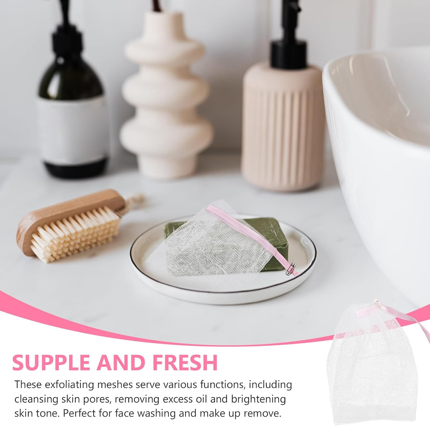 8PCS Pink Facial Cleansing Foaming Nets Soap Saver Pouches with Drawstring Flexible Mesh Bags for Exfoliating and Travel Soap Storage