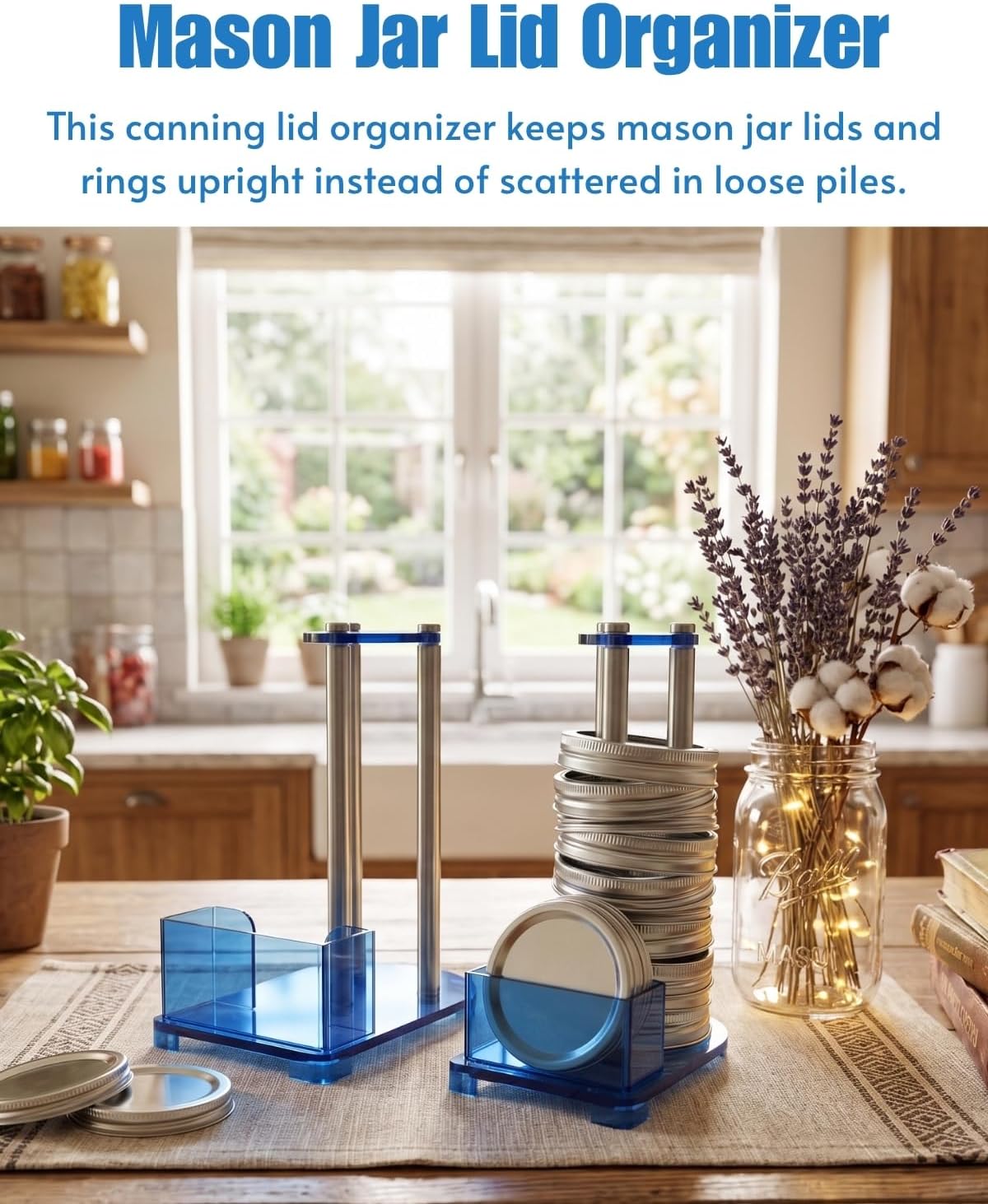 Mason Jar Lid Organizer, 2-Pack Clear Acrylic Canning Holder for Regular and Wide Mouth Lids and Rings, Space-Saving Storage Rack for Cabinet, Pantry Shelf, Countertop (Acrylic Blue)