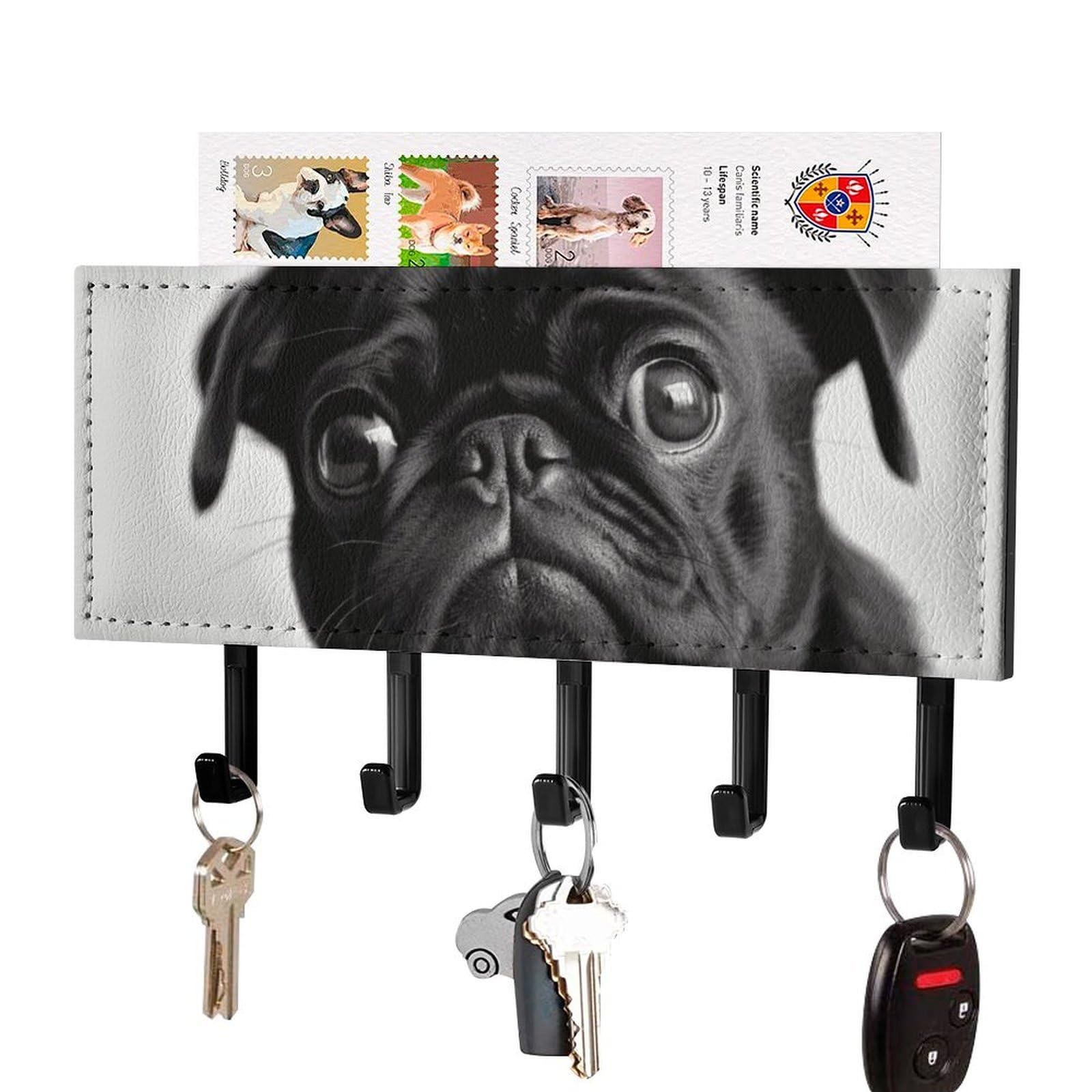 DWVTSLH Cute Black Pug Dog Key Holder for Wall, Decorative Key Hooks with Mail Organizer & 5 Hooks, Self Adhesive Leather Key Hanger for Entryway, Wall Mounted Key Rack (7.1” X 4.3” X 0.9”)
