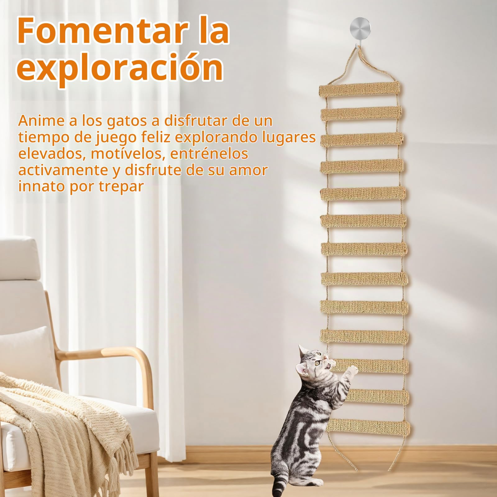 Escalera para Gatos, Escalera de Escalada para Gato Estructura para Trepar con Cuerda de Sisal para Gato Gatos Accesorios Puente de Pared para Gatito Muebles para Mascotas (Caqui, 150 cm, 1)