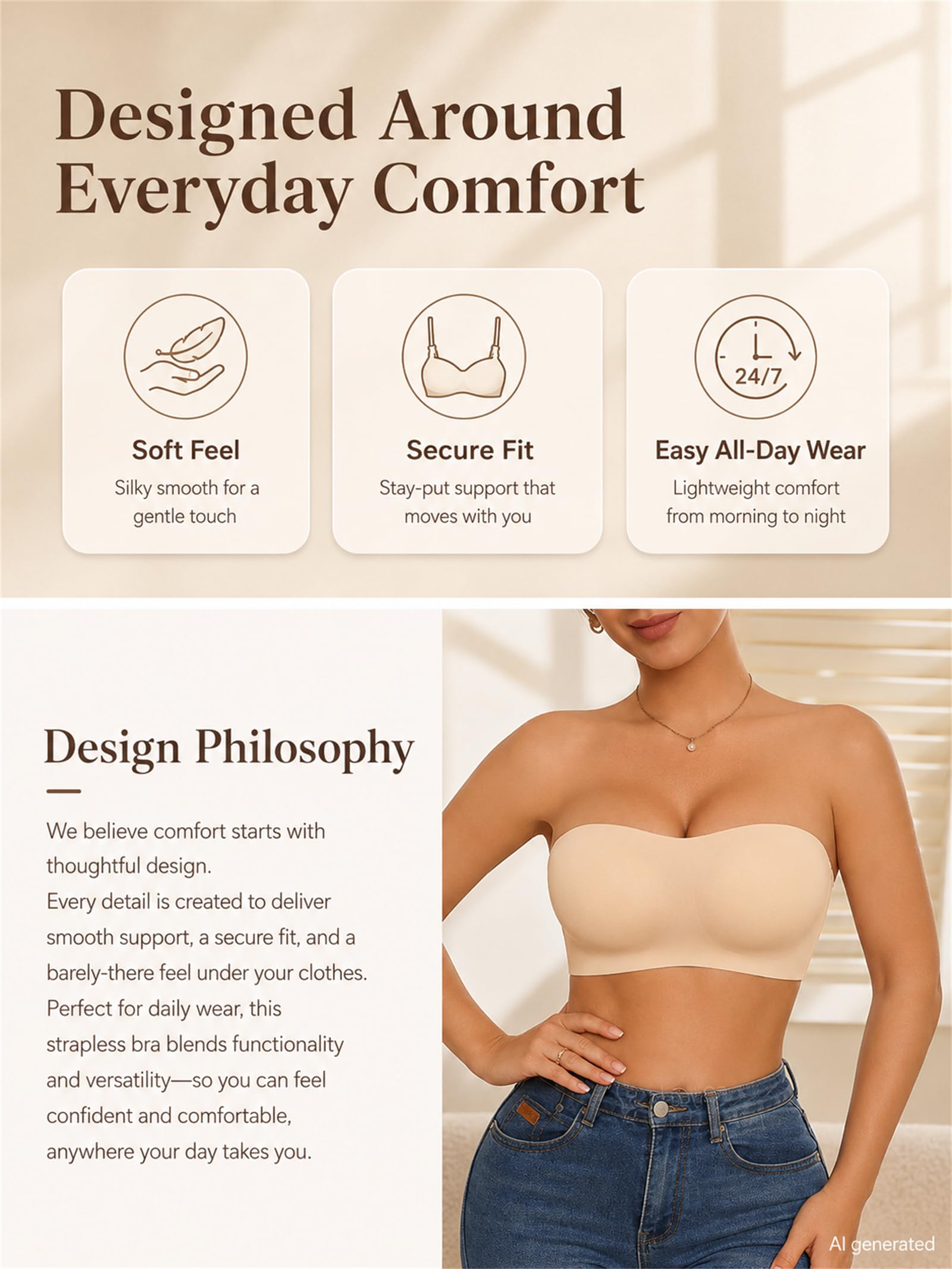 Reggiseno senza spalline senza spalline con supporto antiscivolo in | Cuscinetti semi-fissi, cinghie convertibili, quattro ganci posteriori di fila, liscio sotto i vestiti