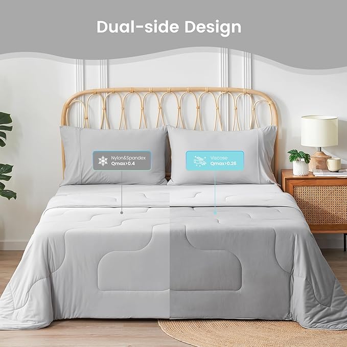 Cozy Bliss Viscose Cooling Comforter Queen Size, Reversible Cooling Blanket for Hot Sleepers and Night Sweats, Q-Max 0.4 Breathable Summer Comforter Quilt, Lightweight Soft Silky Smooth, Cool Grey