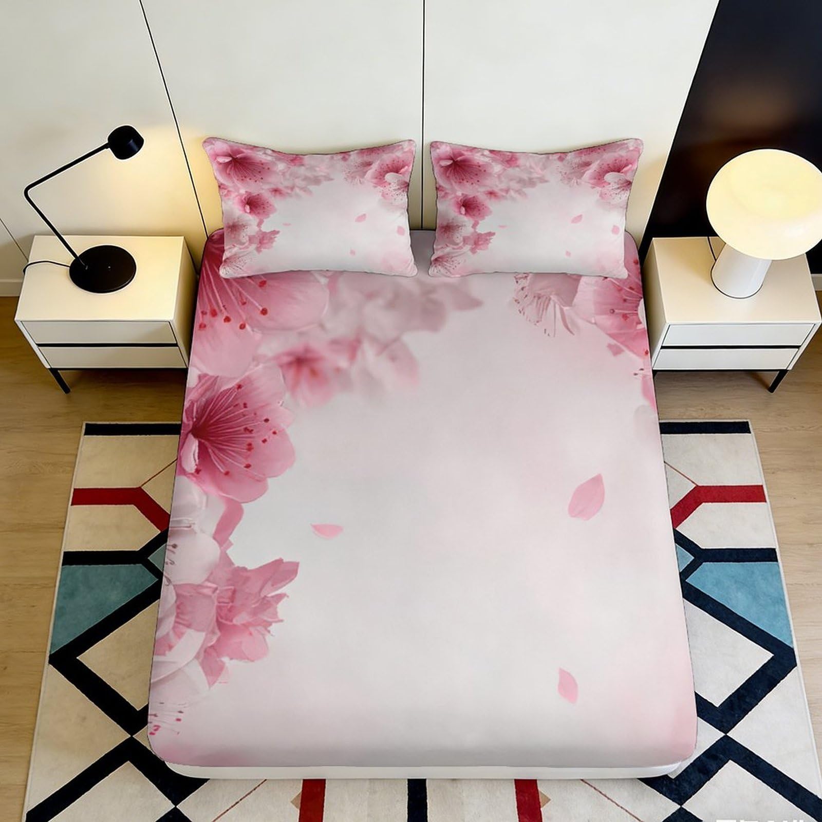 3D Printed Sakura Blossom Fitted Sheet Microfiber Soft Pink Floral Petal Mattress Cover for Bedroom Dorm Decor 140x200x25cm