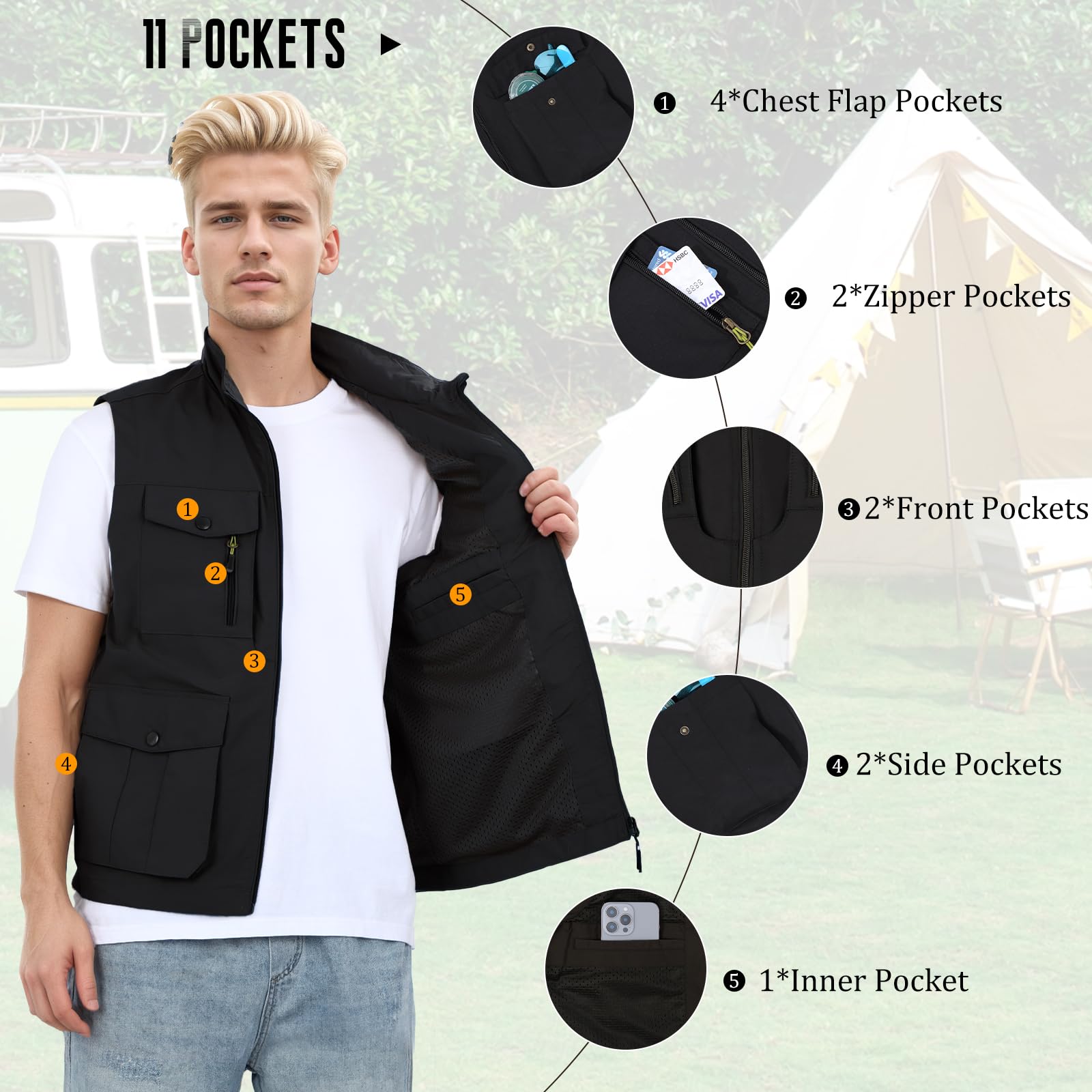 Chaleco de Pesca para Hombre con Múltiples Bolsillos Chaleco Informal Ligero Transpirable Fotografía de Viajes al aire Libre Chaqueta sin Mangas