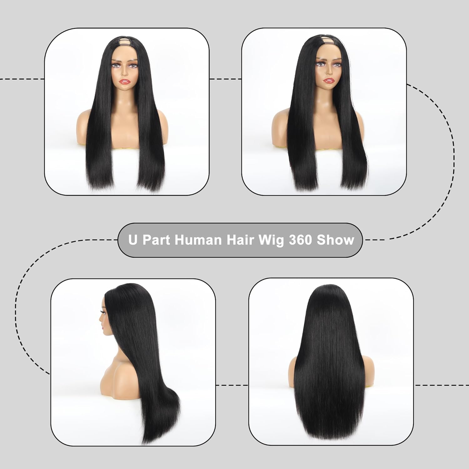 U Part Human Hair Wig 18 Inch 180% Density Real Human Hair Wigs V Part Wig Human Hair Glueless UPart Wigs Beginner Friendly Natural Color