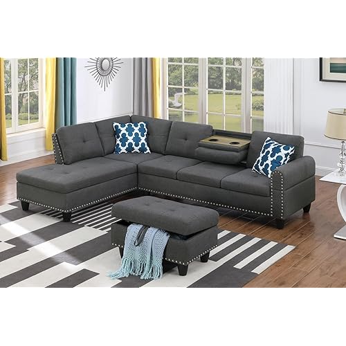 EMKK 3 Piece Modular Sectional Sofa, L-Shaped 5 Seaters Corner Couch Upholstered Sofa&Couch with 2 Cup Holders and Storage Ottoman for Home Apartment Office Living Room Furniture Set, 1-Grey Chaise