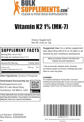 Miniatura 9 de BulkSupplements. Com Vitamina K2 en polvo  Vitamina K2 MK-7, como polvo de menaquinona  Suplemento de vitamina K2 para el bienestar, sin gluten, 9