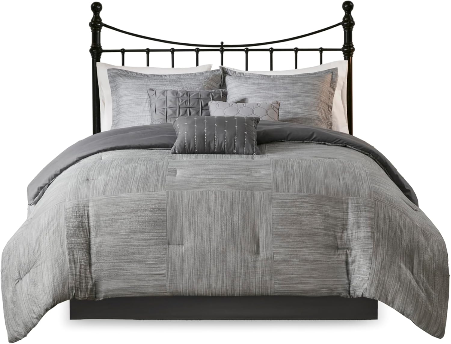 Madison Park Walter Comforter - Luxe Seersucker Print Design, All Season Down Alternative Bedding, Matching Shams, Bedskirt, Decorative Pillows, Grey Queen(90"x90") 7 Piece