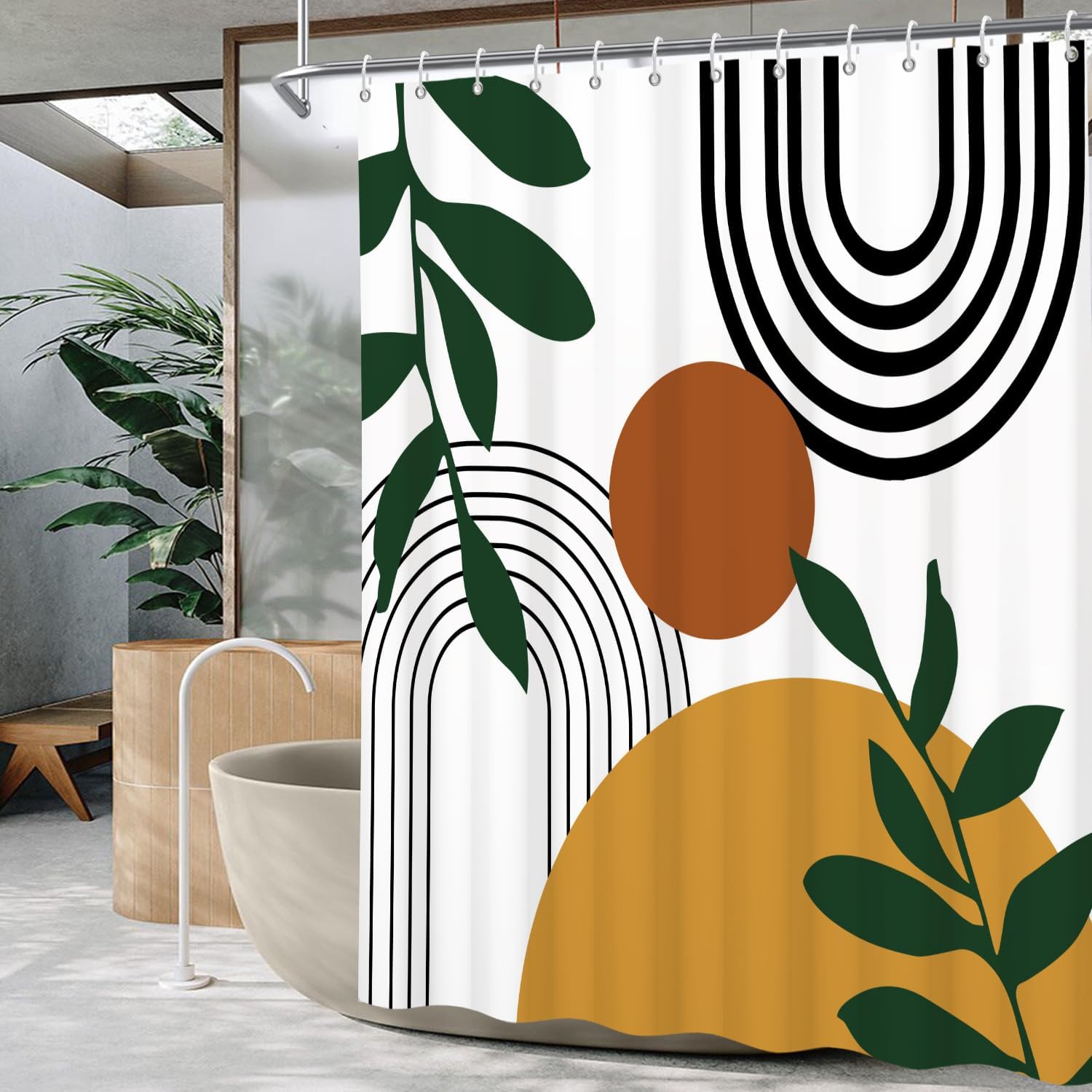 Boho Geometric Shower Curtain White Beige Mid Century Abstract Arch Curve Bathroom Curtain Minimalistic Sun Shower Curtain Sets for Bathroom Extra Long 72x84 in with 12 Hooks