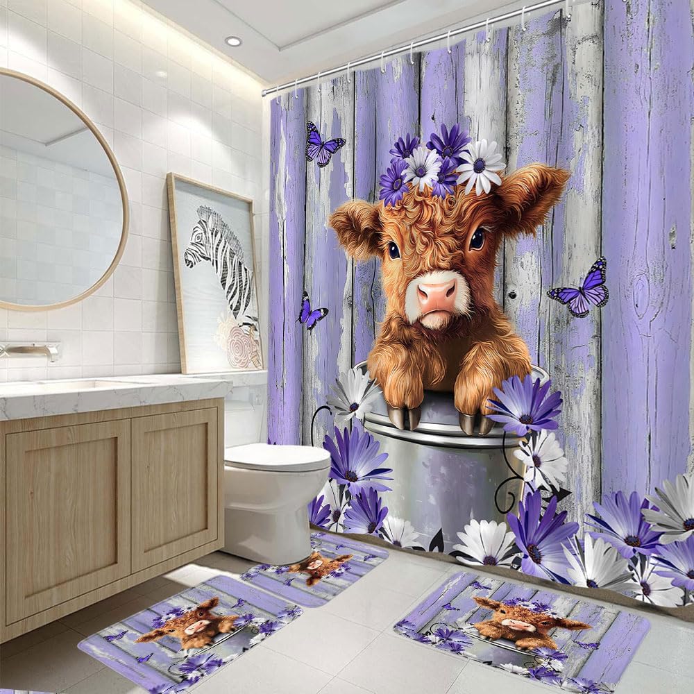 4 Piece Funny Highland Cow Shower Curtain Set with Rugs,Farm Purple Daisy Floral Rustic Western Farmhouse Animal Calf Country Wooden Board Bathroom Shower Curtain with Hooks,Bath Mat,U Shape Mat