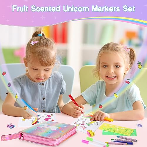Miniatura 5 de Juego de 73 marcadores perfumados de frutas con estuche de unicornio con purpurina, suministros de arte para niños de 4 a 6 a 8 años, regalos