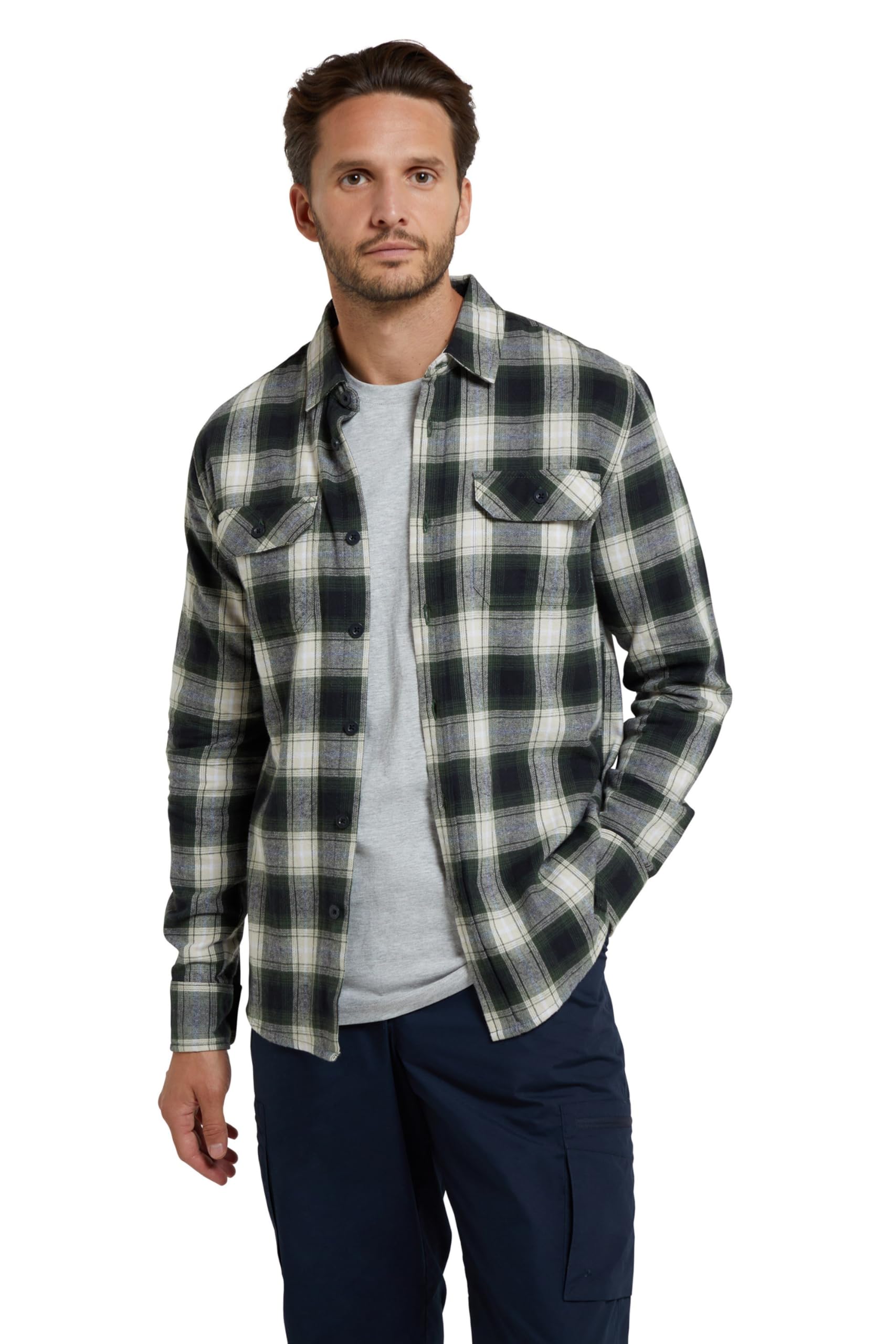 Mountain WarehouseTrace Men's Lightweight & Breathable Flannel Long Sleeve Shirt - Checks Shirt in 100% Cotton with Buttoned Front Pockets - for Travel, Walking, Casual Wear