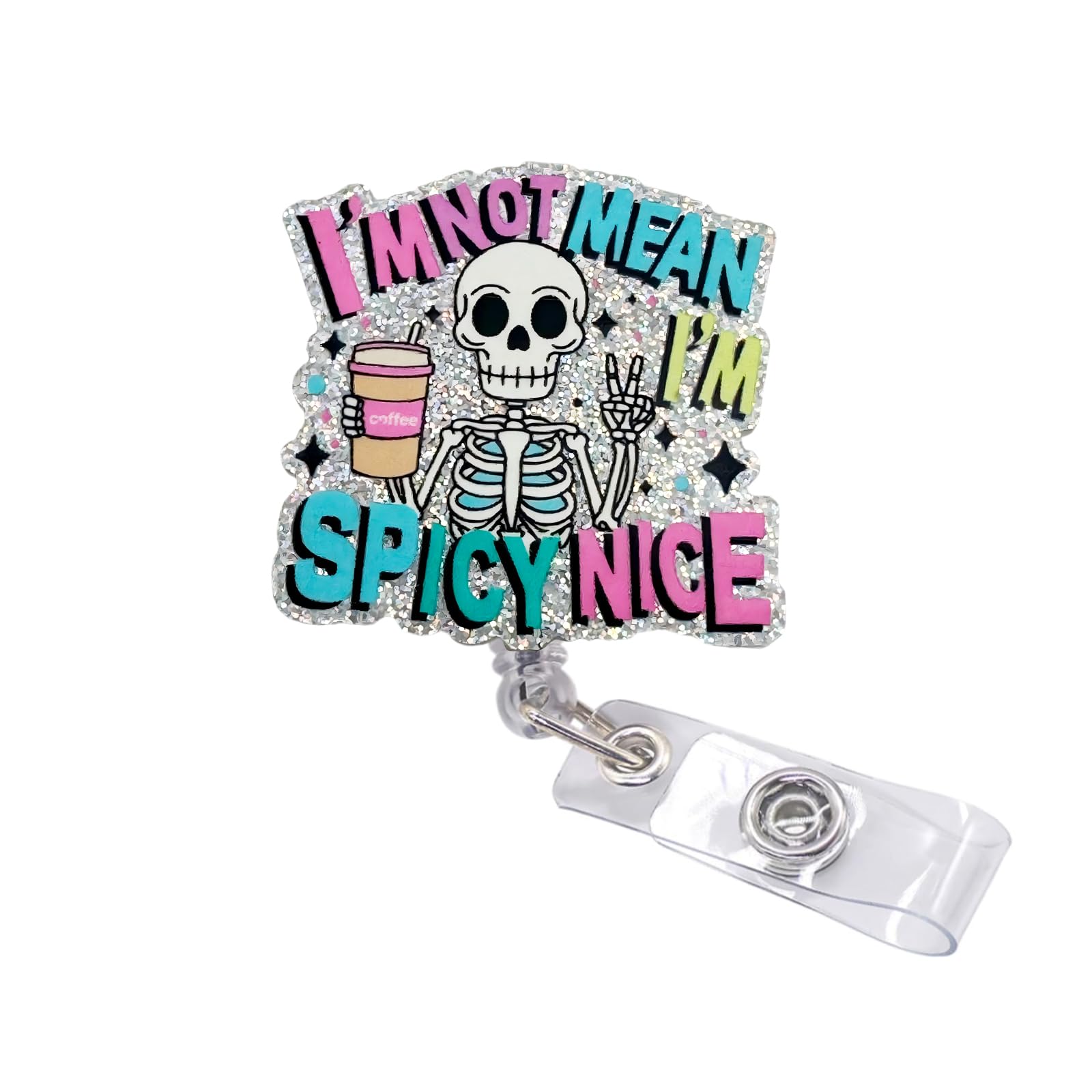Photo 1 of Funny Nurse Badge Reel, Retractable Badge Reel with Swivel Alligator Clip, I'm Not Mean I'm Spicy Nice Skeleton Coffee Badge Holder, Cute ID Holder for Nurses, Students & Office Staff