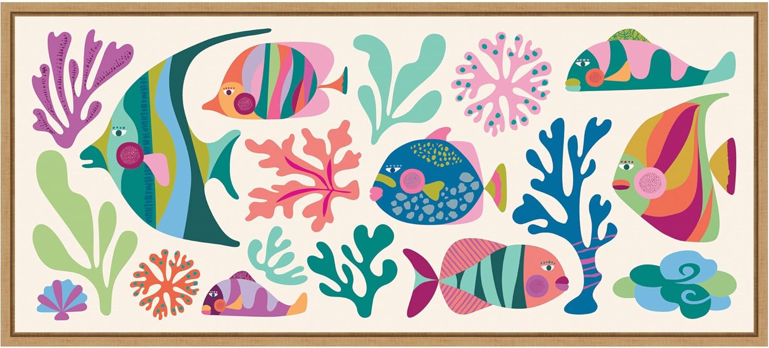 Kate and Laurel Fun Colorful Tropical Fish Framed Canvas Wall Art by Rachel Lee 40 x 18 Sylvie Natural, Whimsical, Abstract, Animals, Beach Art for Wall Decor, Living Room, Bedroom