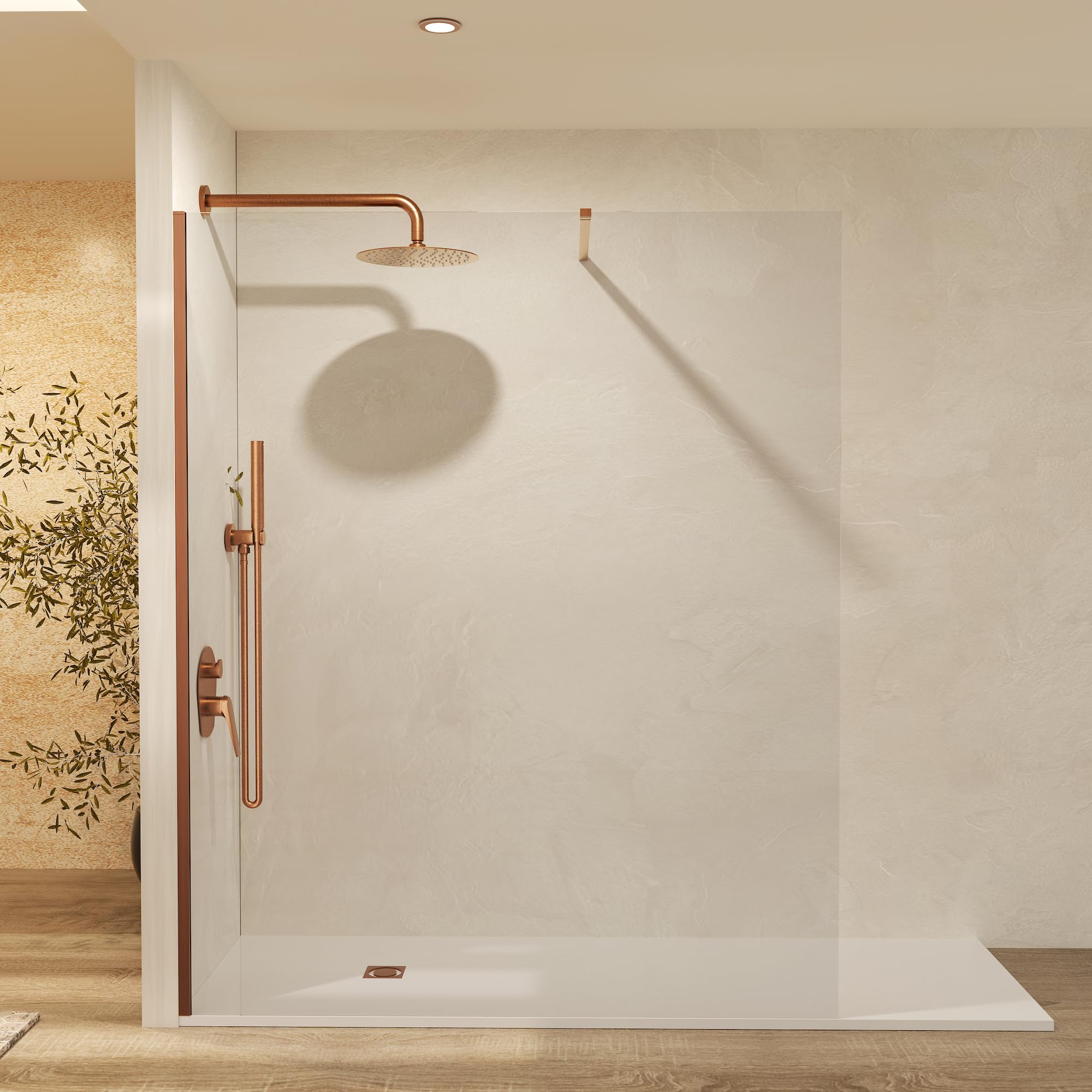 IMEX - Mampara Ducha Fija Oro Rosa 90cm Frontal con Brazo de Sujeción | Mampara de Cristal Antical y Perfilería de Aluminio con 195cm de Altura | Vidrio con Grosor 6mm y Sistema de Montaje Fácil