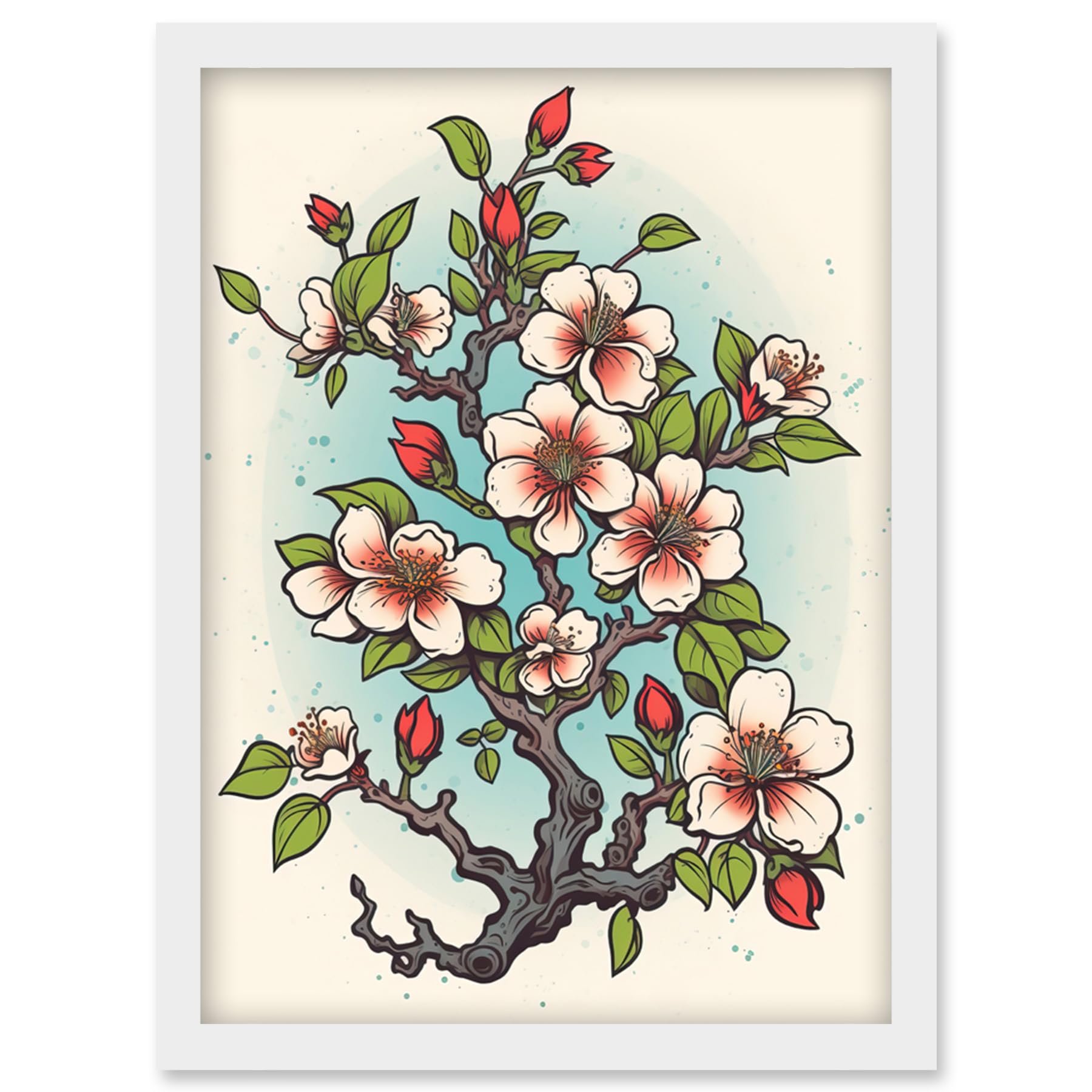 Artery8 Cherry Blossom Branch Bright Tattoo Ink Body Art Rockabilly Americana 50s Artwork Framed Wall Art Print A4