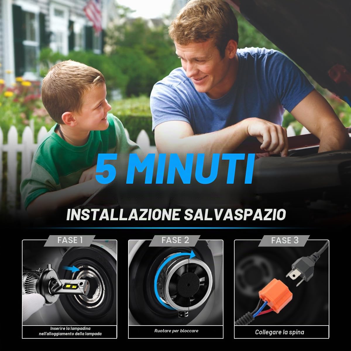 NOVSIGHT H7 LED Lampadine - 45000LM 200W H7 lampadine per fari con ventola, 900% di luminosità 6500K luce bianca lampadina LED, Plug and Play, IP68 impermeabile, confezione da 2