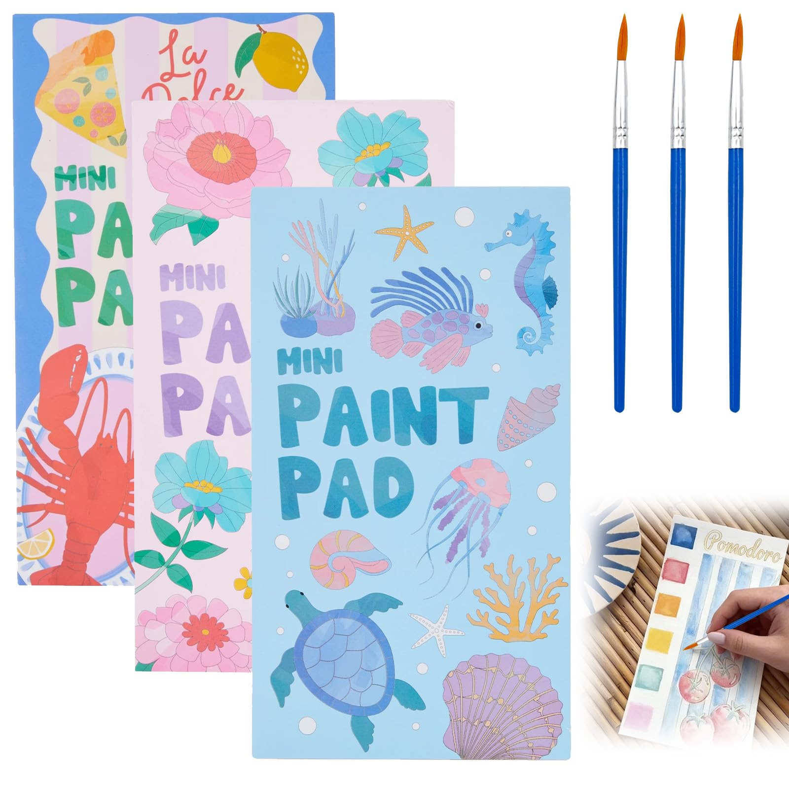 3 Pack Pocket Magic Water Coloring Book, 60Pcs Doodleable Pages + 3Pcs Water Pen, Magic Painting Book with Paints, Paint with Water Coloring Books, DIY Creative Activity for Travel Home Classroom
